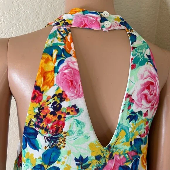Peach Love dress floral print halter neck short open V back & front SZ MD summer - Picture 5 of 9